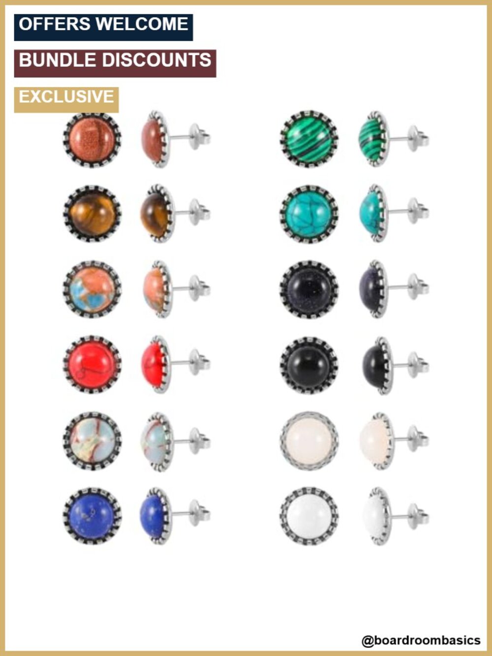 12 Pairs Multi Gemstone Stud Earrings Set Stainless Steel Gemstone Studs